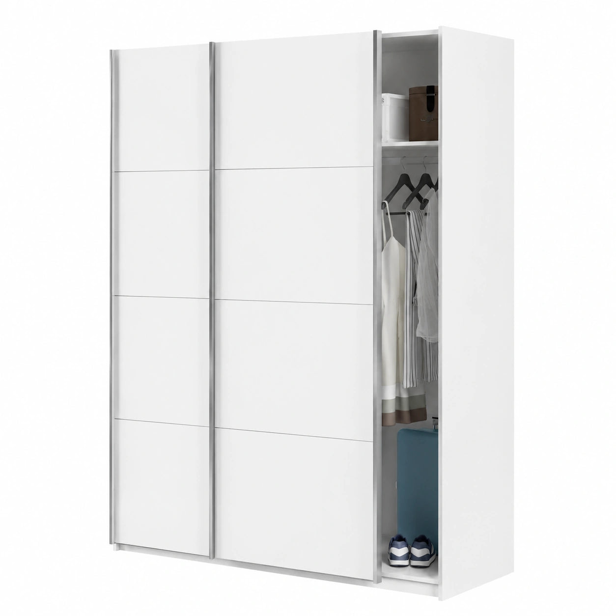 Armoire, avec portes coulissantes, avec portes, coloris blanc, 200 x 150 x 60 cm, pour la chambre